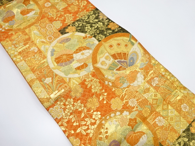 佐賀錦　丸に蝶・菊・枝垂れ桜模様織り出し　袋帯